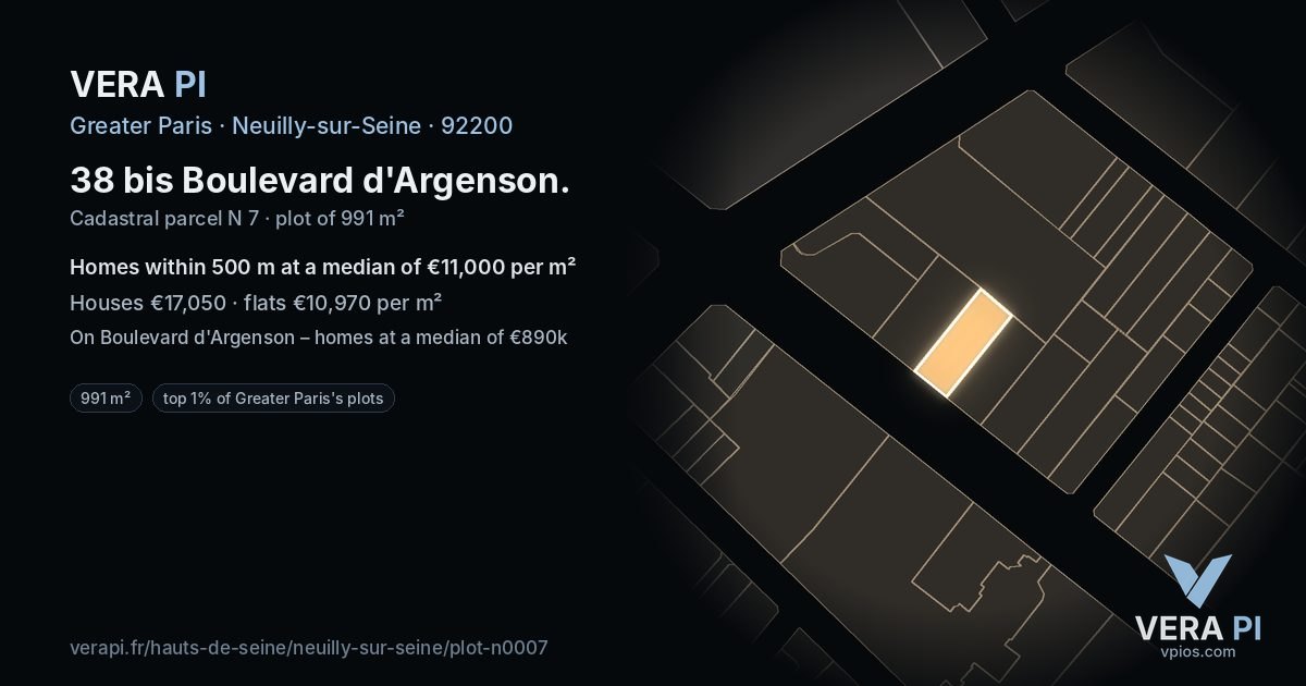 38 bis Boulevard d'Argenson, Neuilly-sur-Seine at night – the plot lit, the parcels around coloured by the prices near them