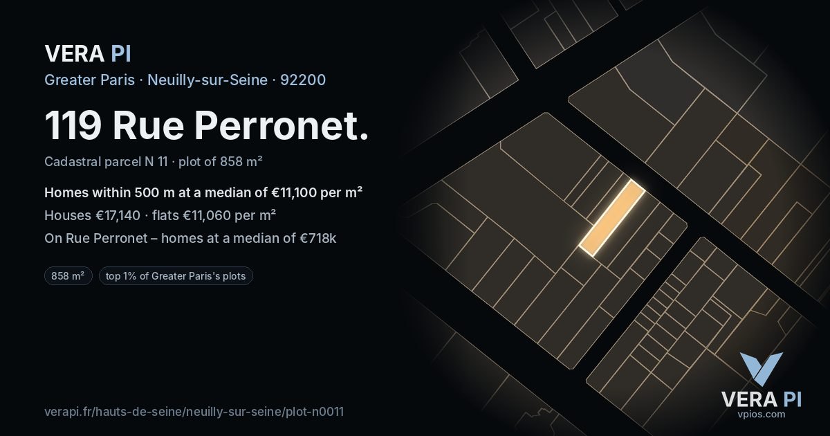 119 Rue Perronet, Neuilly-sur-Seine at night – the plot lit, the parcels around coloured by the prices near them