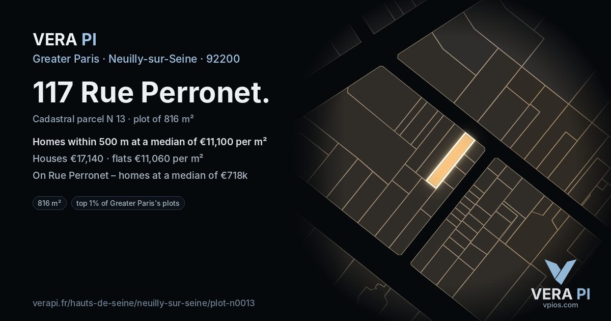 117 Rue Perronet, Neuilly-sur-Seine at night – the plot lit, the parcels around coloured by the prices near them
