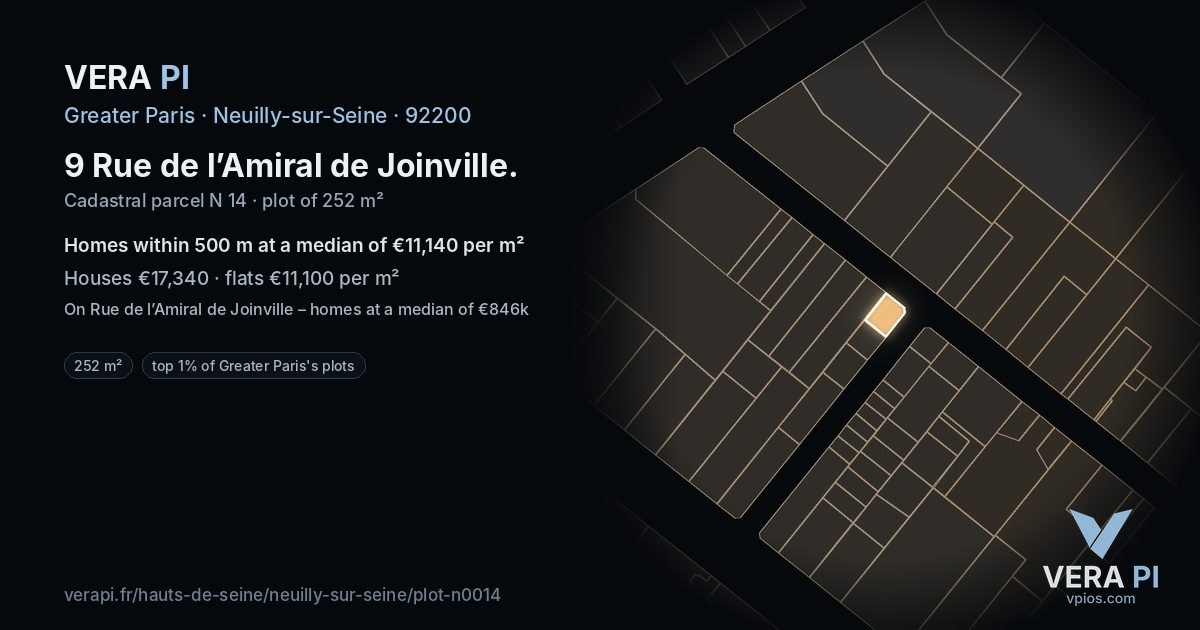 9 Rue de l’Amiral de Joinville, Neuilly-sur-Seine at night – the plot lit, the parcels around coloured by the prices near them