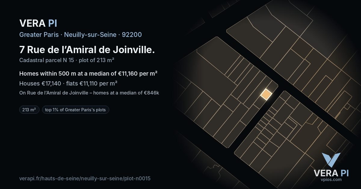 7 Rue de l’Amiral de Joinville, Neuilly-sur-Seine at night – the plot lit, the parcels around coloured by the prices near them