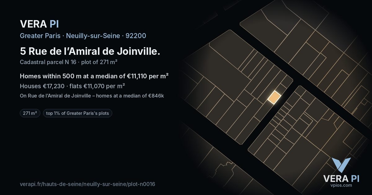 5 Rue de l’Amiral de Joinville, Neuilly-sur-Seine at night – the plot lit, the parcels around coloured by the prices near them