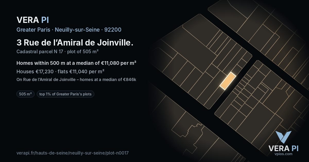 3 Rue de l’Amiral de Joinville, Neuilly-sur-Seine at night – the plot lit, the parcels around coloured by the prices near them