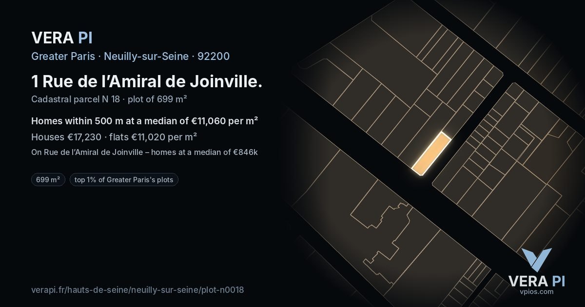 1 Rue de l’Amiral de Joinville, Neuilly-sur-Seine at night – the plot lit, the parcels around coloured by the prices near them