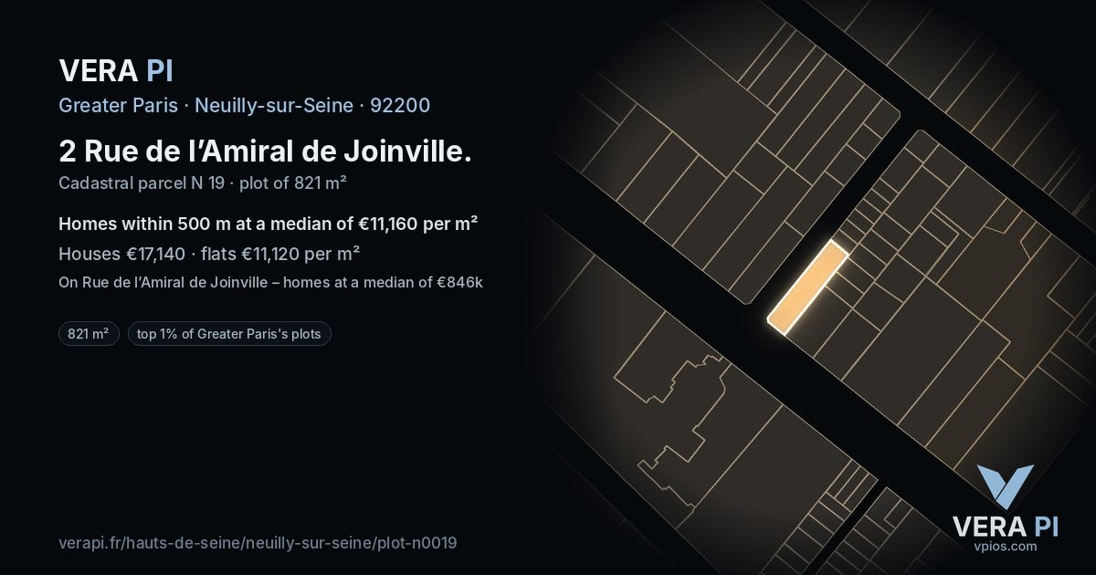2 Rue de l’Amiral de Joinville, Neuilly-sur-Seine at night – the plot lit, the parcels around coloured by the prices near them
