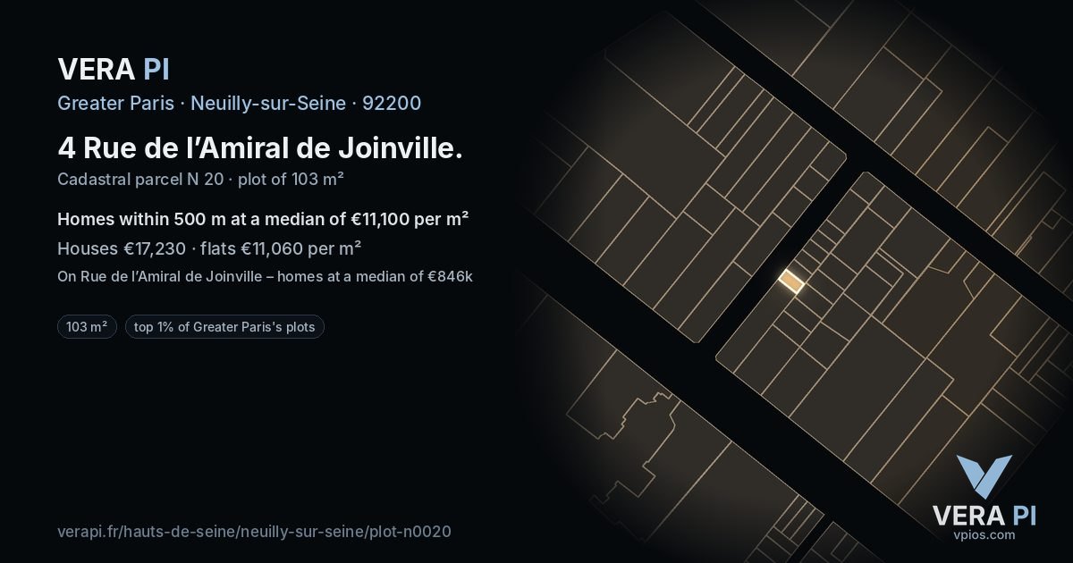 4 Rue de l’Amiral de Joinville, Neuilly-sur-Seine at night – the plot lit, the parcels around coloured by the prices near them