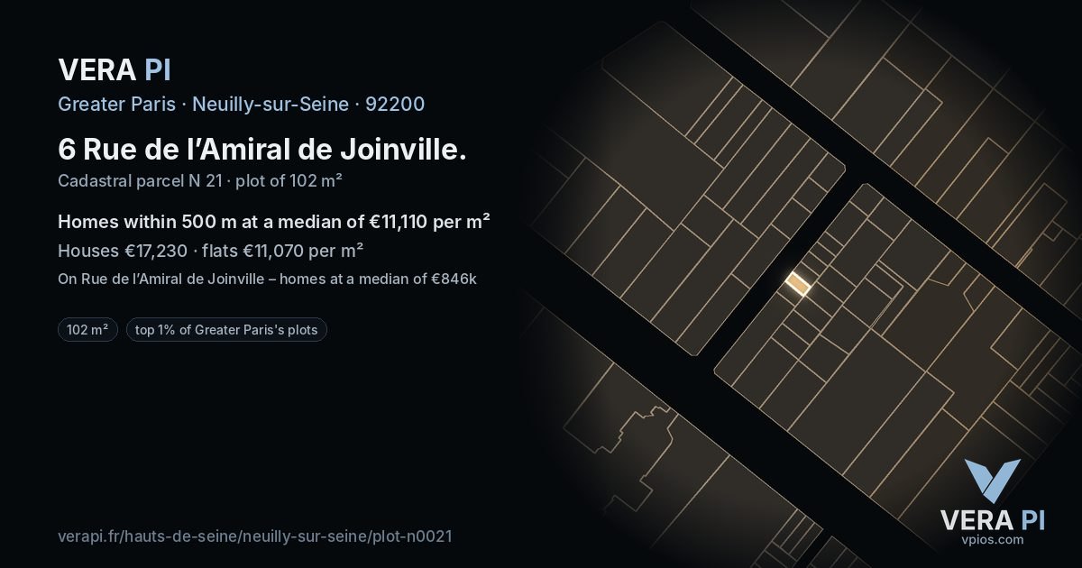 6 Rue de l’Amiral de Joinville, Neuilly-sur-Seine at night – the plot lit, the parcels around coloured by the prices near them