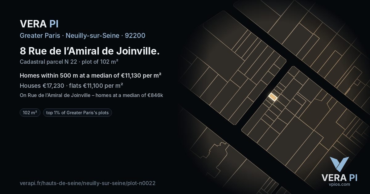8 Rue de l’Amiral de Joinville, Neuilly-sur-Seine at night – the plot lit, the parcels around coloured by the prices near them