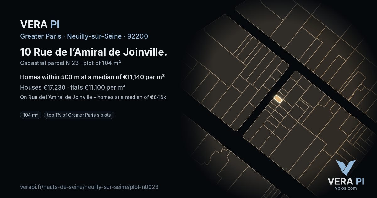 10 Rue de l’Amiral de Joinville, Neuilly-sur-Seine at night – the plot lit, the parcels around coloured by the prices near them