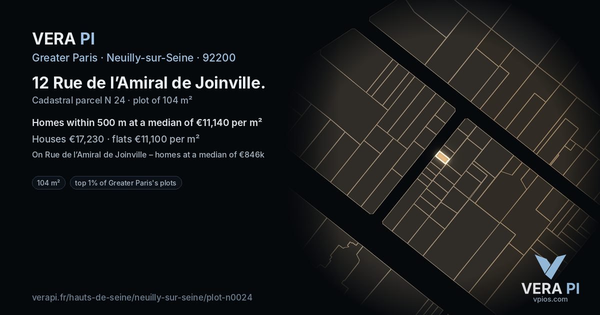12 Rue de l’Amiral de Joinville, Neuilly-sur-Seine at night – the plot lit, the parcels around coloured by the prices near them