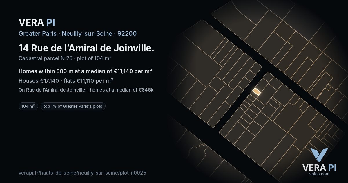 14 Rue de l’Amiral de Joinville, Neuilly-sur-Seine at night – the plot lit, the parcels around coloured by the prices near them