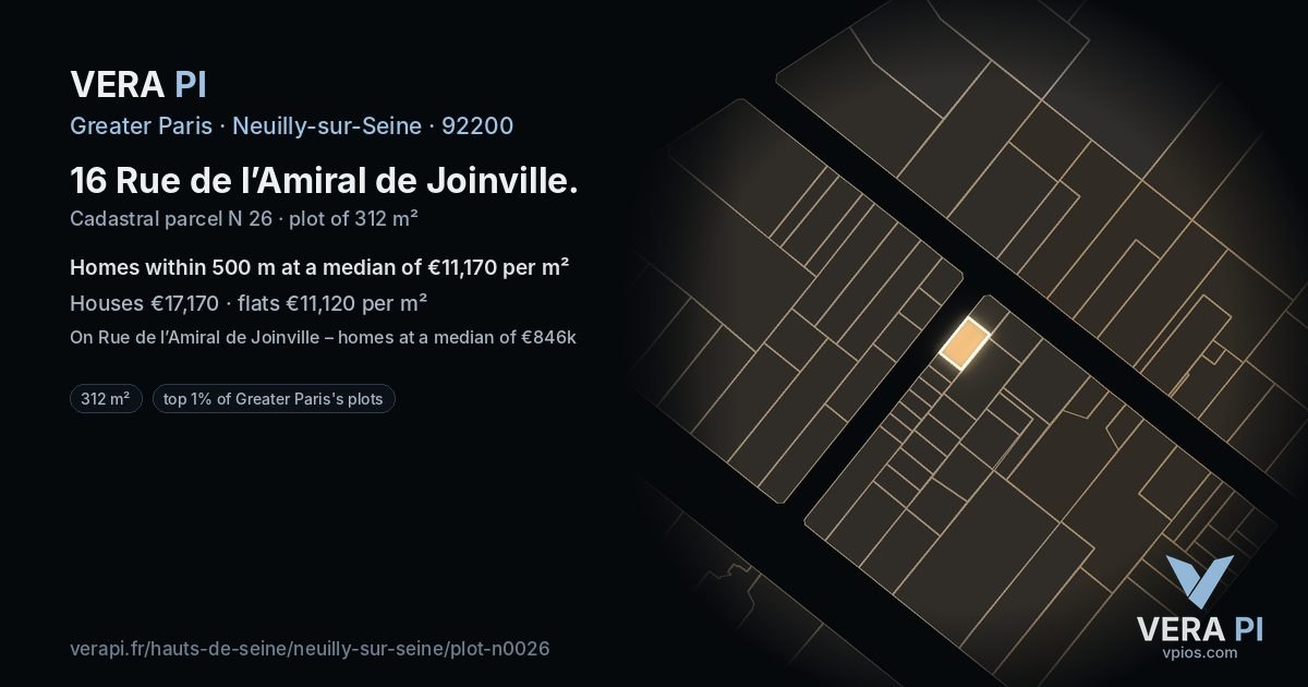 16 Rue de l’Amiral de Joinville, Neuilly-sur-Seine at night – the plot lit, the parcels around coloured by the prices near them