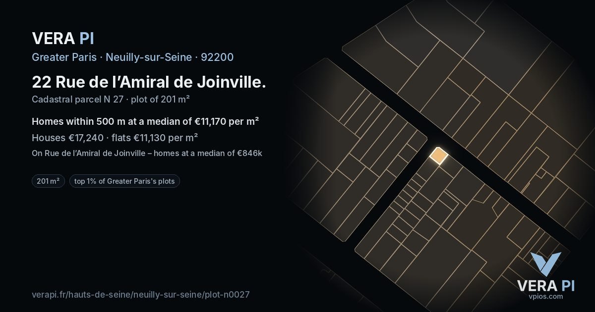 22 Rue de l’Amiral de Joinville, Neuilly-sur-Seine at night – the plot lit, the parcels around coloured by the prices near them