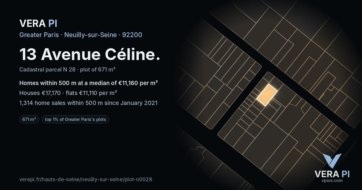 13 Avenue Céline, Neuilly-sur-Seine at night – the plot lit, the parcels around coloured by the prices near them