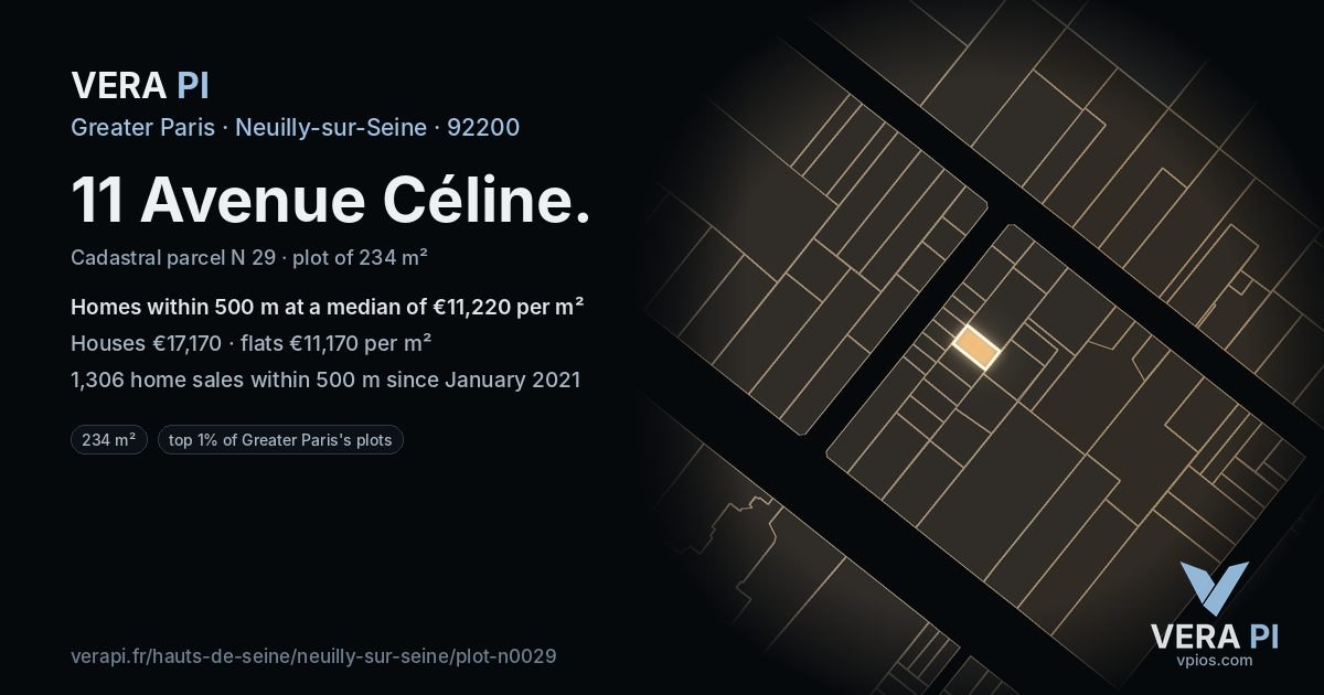 11 Avenue Céline, Neuilly-sur-Seine at night – the plot lit, the parcels around coloured by the prices near them