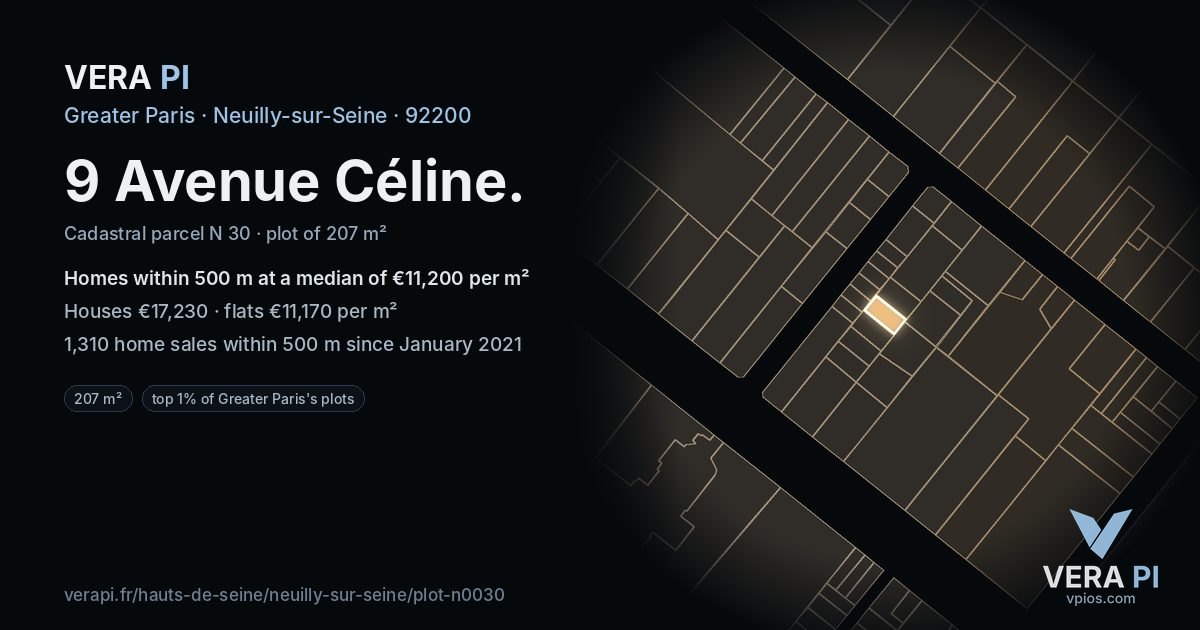9 Avenue Céline, Neuilly-sur-Seine at night – the plot lit, the parcels around coloured by the prices near them