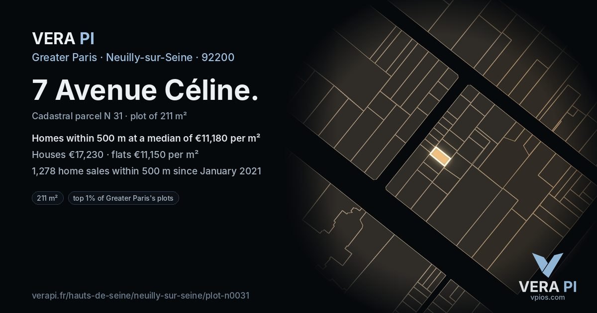 7 Avenue Céline, Neuilly-sur-Seine at night – the plot lit, the parcels around coloured by the prices near them