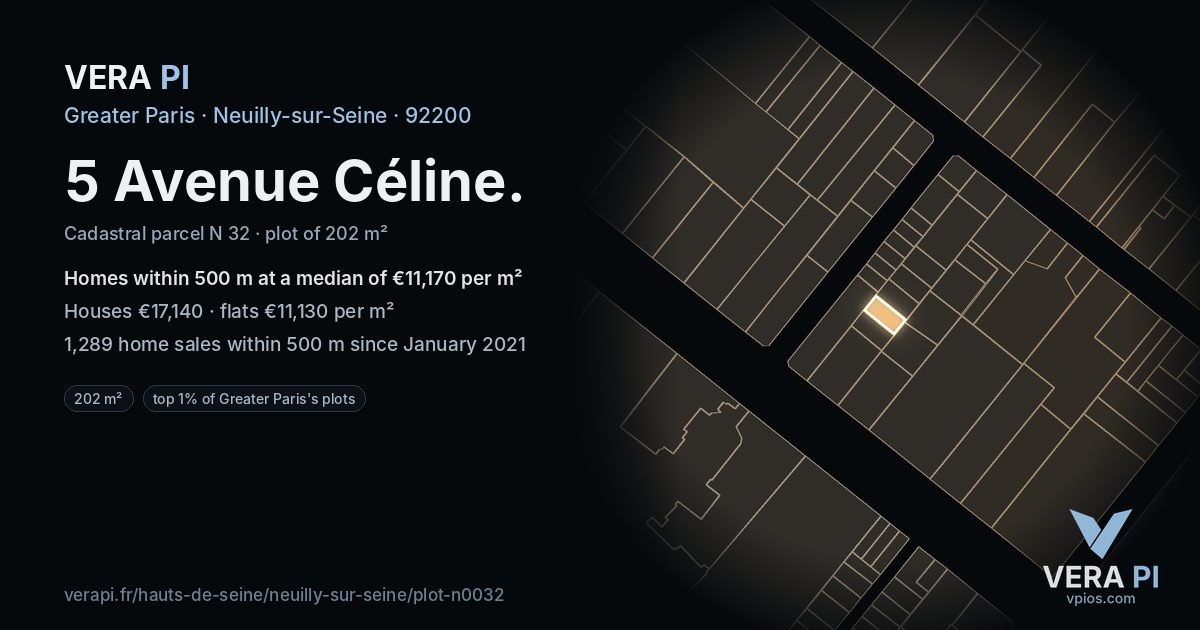 5 Avenue Céline, Neuilly-sur-Seine at night – the plot lit, the parcels around coloured by the prices near them