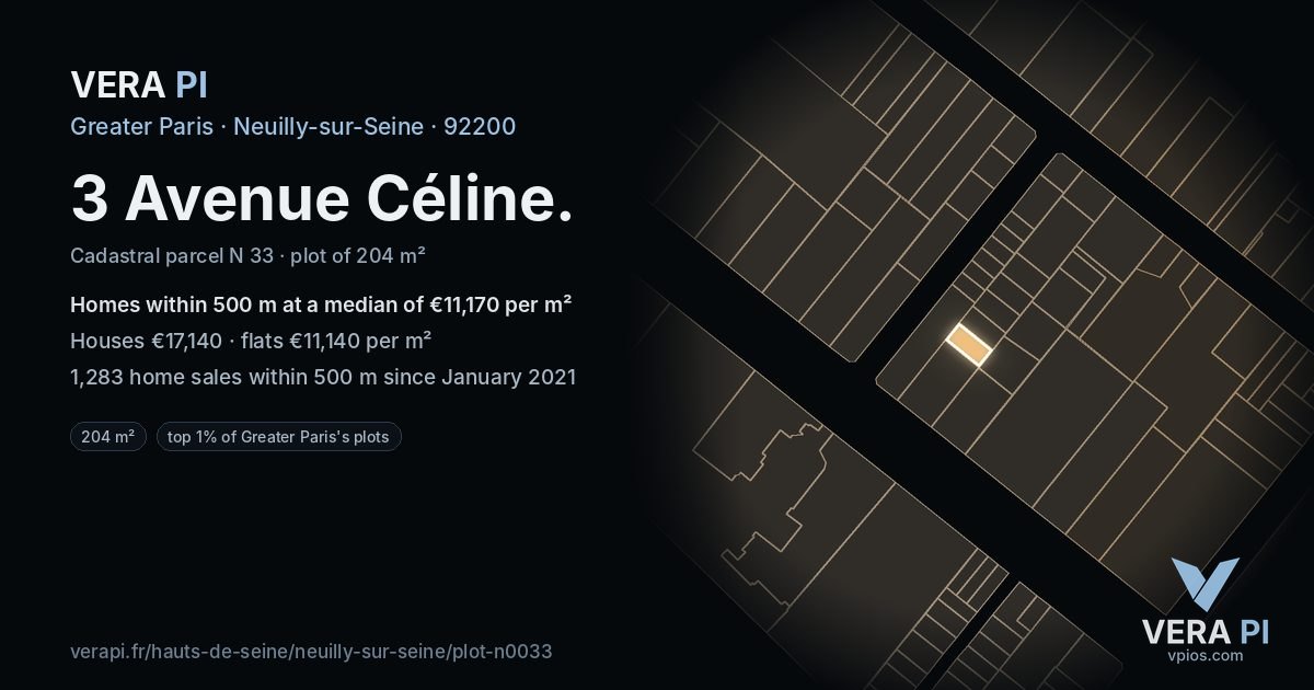 3 Avenue Céline, Neuilly-sur-Seine at night – the plot lit, the parcels around coloured by the prices near them