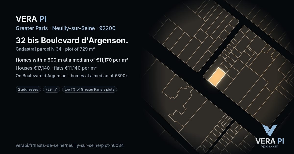 32 bis Boulevard d'Argenson, Neuilly-sur-Seine at night – the plot lit, the parcels around coloured by the prices near them