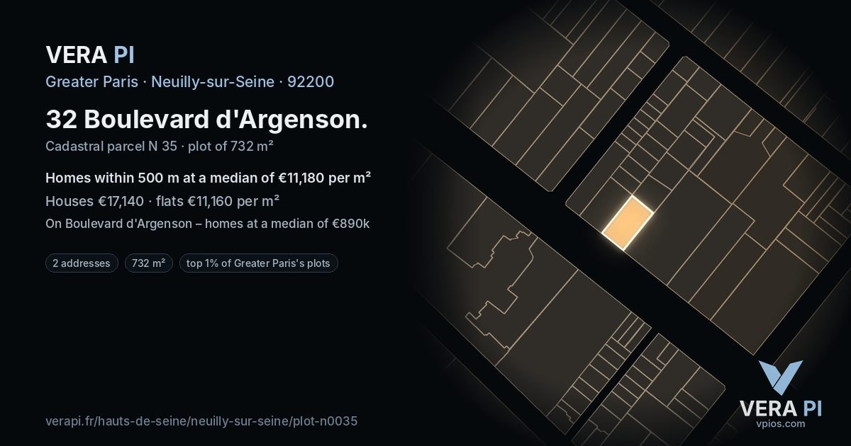 32 Boulevard d'Argenson, Neuilly-sur-Seine at night – the plot lit, the parcels around coloured by the prices near them