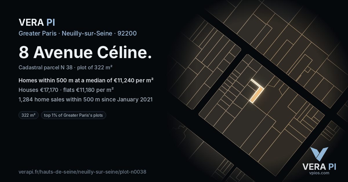 8 Avenue Céline, Neuilly-sur-Seine at night – the plot lit, the parcels around coloured by the prices near them