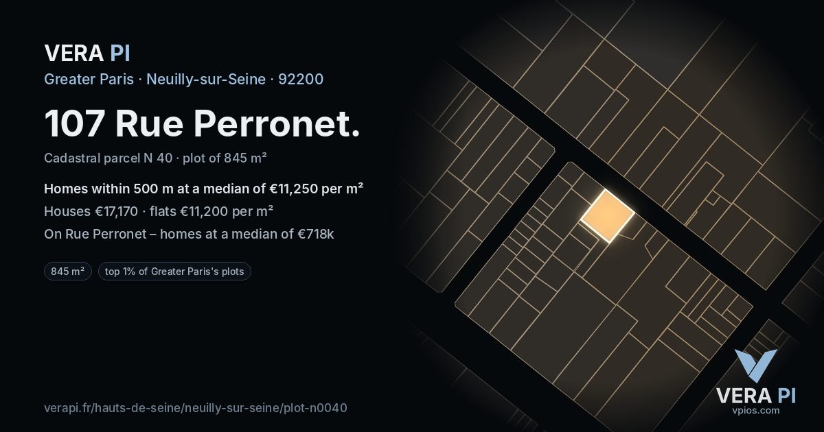 107 Rue Perronet, Neuilly-sur-Seine at night – the plot lit, the parcels around coloured by the prices near them