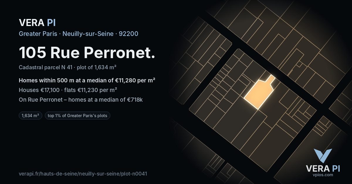 105 Rue Perronet, Neuilly-sur-Seine at night – the plot lit, the parcels around coloured by the prices near them