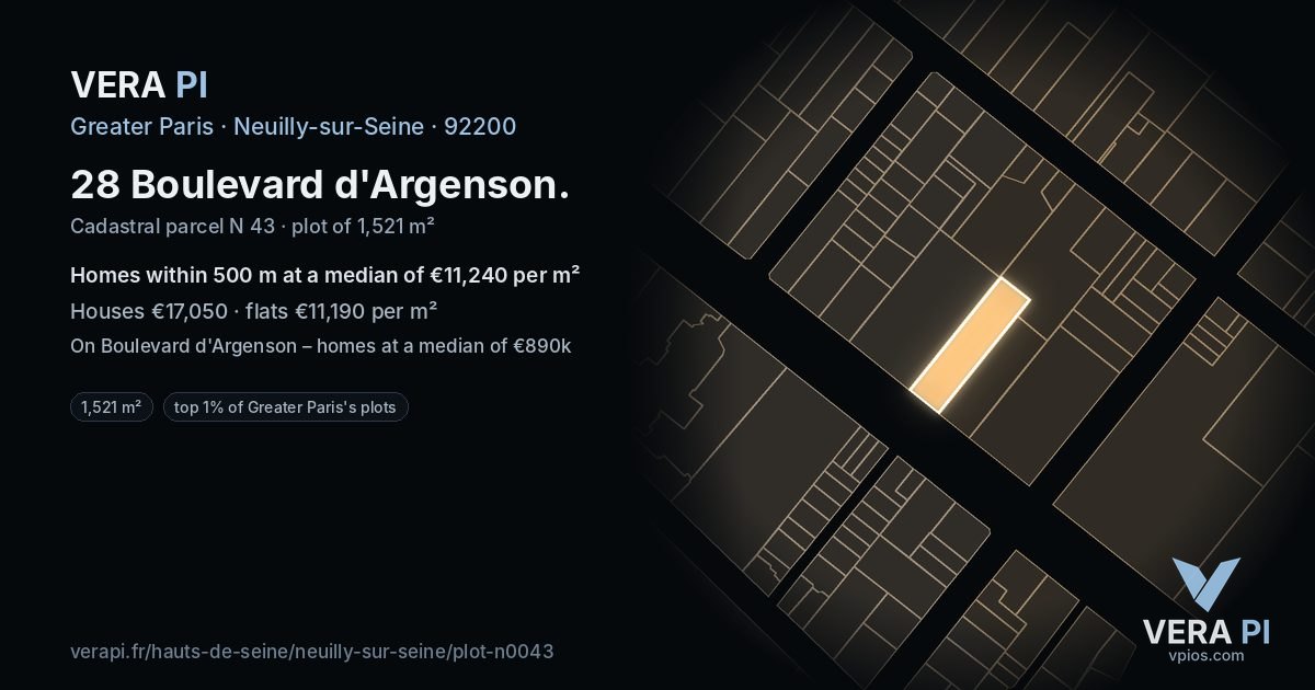 28 Boulevard d'Argenson, Neuilly-sur-Seine at night – the plot lit, the parcels around coloured by the prices near them