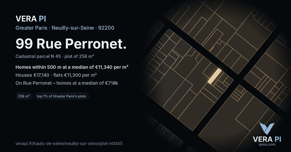 99 Rue Perronet, Neuilly-sur-Seine at night – the plot lit, the parcels around coloured by the prices near them