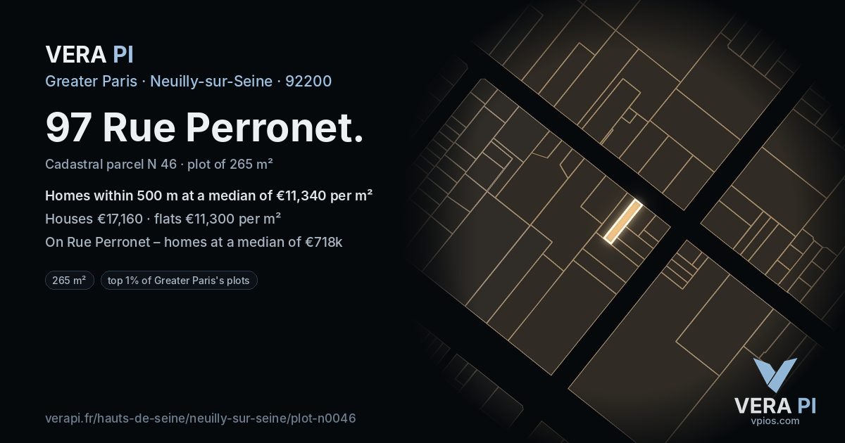 97 Rue Perronet, Neuilly-sur-Seine at night – the plot lit, the parcels around coloured by the prices near them