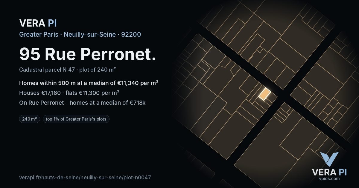 95 Rue Perronet, Neuilly-sur-Seine at night – the plot lit, the parcels around coloured by the prices near them