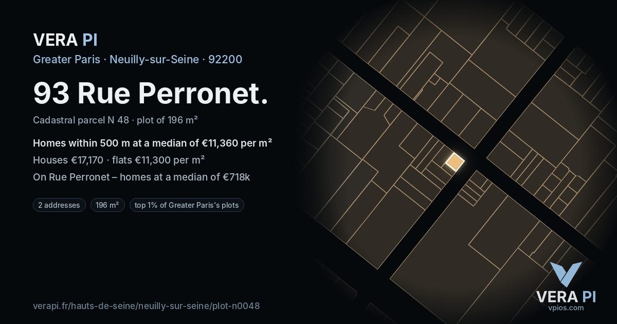 93 Rue Perronet, Neuilly-sur-Seine at night – the plot lit, the parcels around coloured by the prices near them