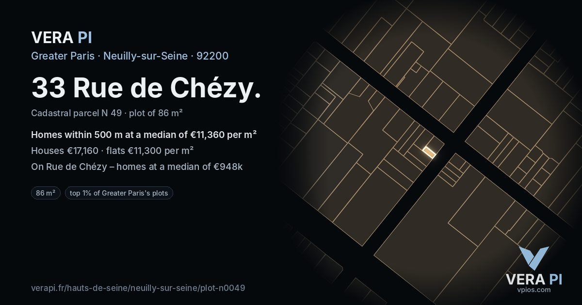 33 Rue de Chézy, Neuilly-sur-Seine at night – the plot lit, the parcels around coloured by the prices near them