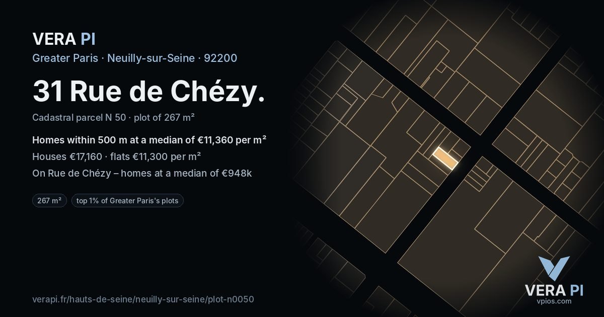 31 Rue de Chézy, Neuilly-sur-Seine at night – the plot lit, the parcels around coloured by the prices near them