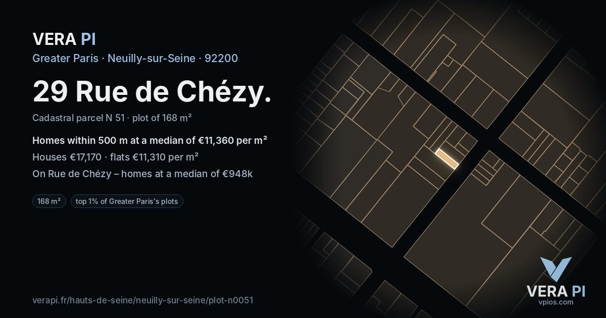 29 Rue de Chézy, Neuilly-sur-Seine at night – the plot lit, the parcels around coloured by the prices near them