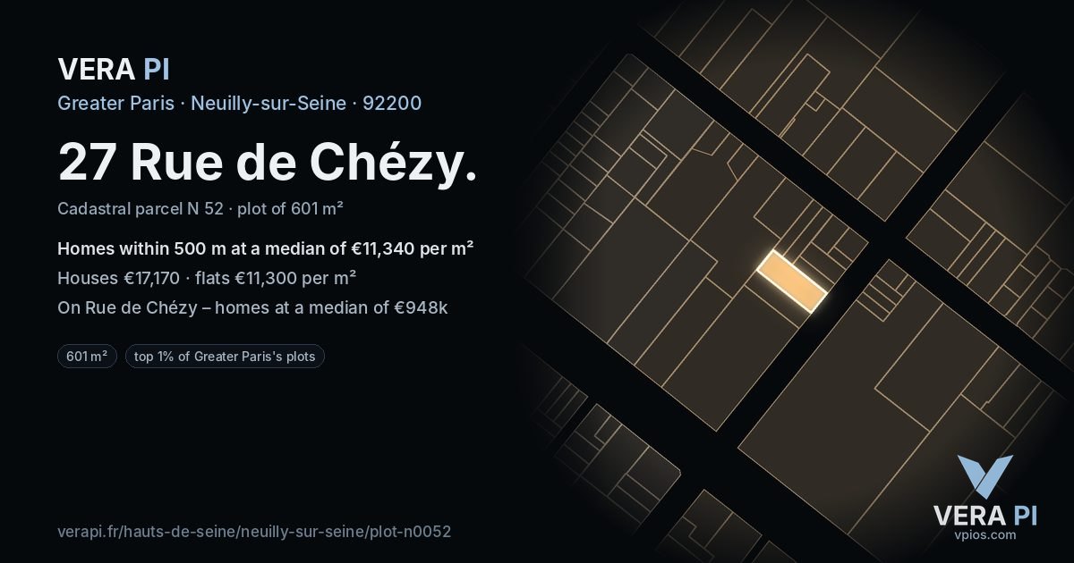 27 Rue de Chézy, Neuilly-sur-Seine at night – the plot lit, the parcels around coloured by the prices near them