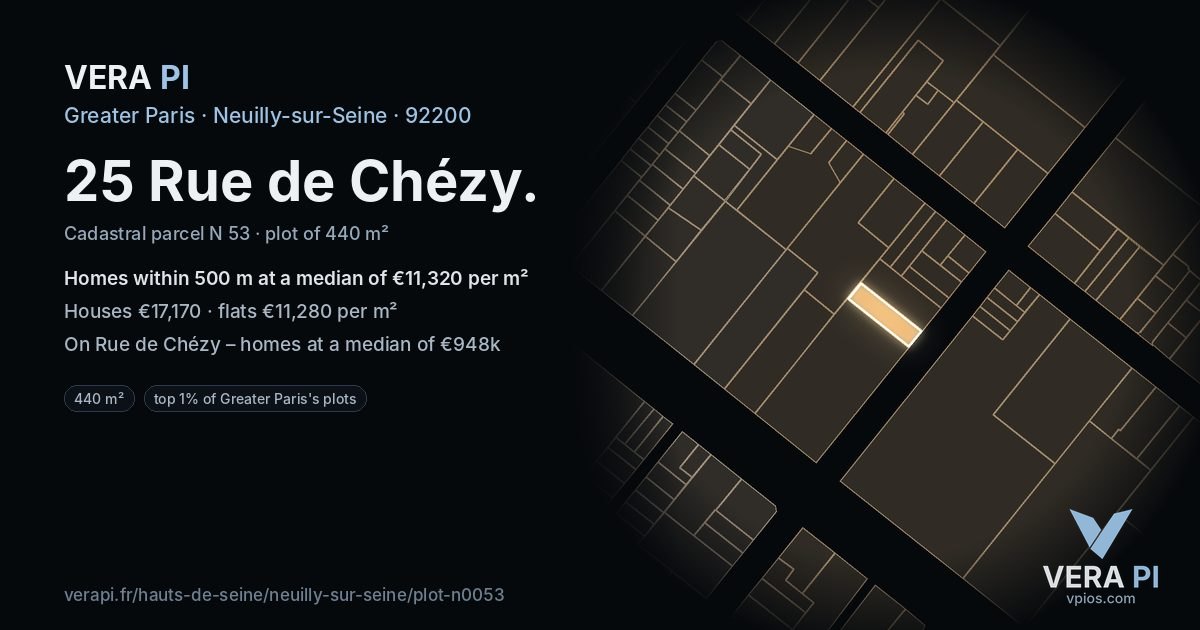 25 Rue de Chézy, Neuilly-sur-Seine at night – the plot lit, the parcels around coloured by the prices near them