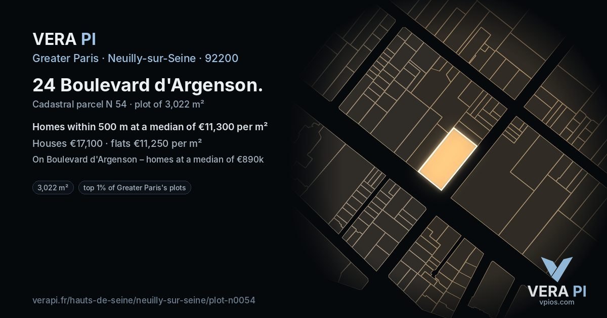 24 Boulevard d'Argenson, Neuilly-sur-Seine at night – the plot lit, the parcels around coloured by the prices near them
