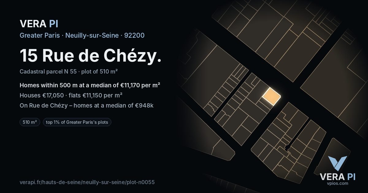 15 Rue de Chézy, Neuilly-sur-Seine at night – the plot lit, the parcels around coloured by the prices near them