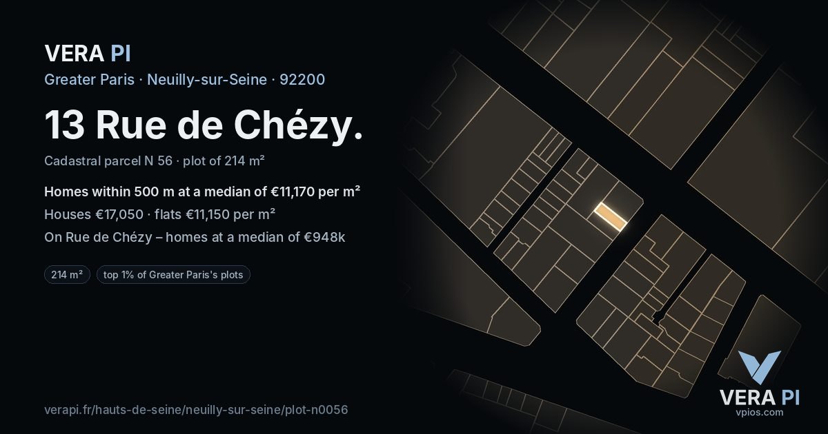 13 Rue de Chézy, Neuilly-sur-Seine at night – the plot lit, the parcels around coloured by the prices near them