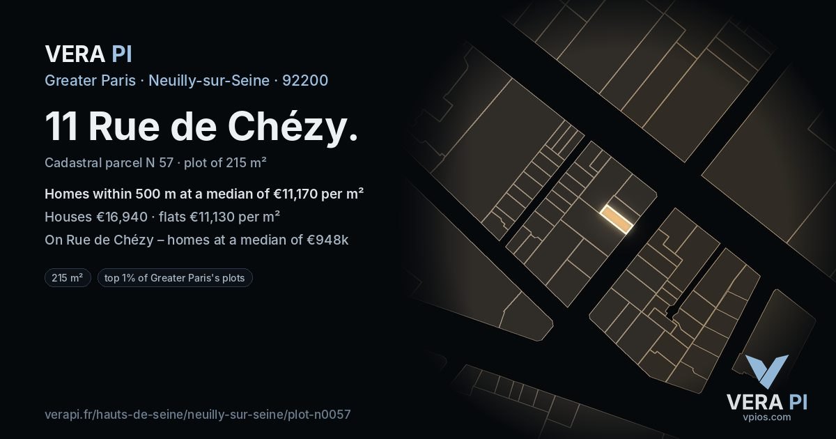 11 Rue de Chézy, Neuilly-sur-Seine at night – the plot lit, the parcels around coloured by the prices near them