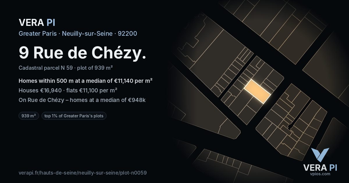 9 Rue de Chézy, Neuilly-sur-Seine at night – the plot lit, the parcels around coloured by the prices near them
