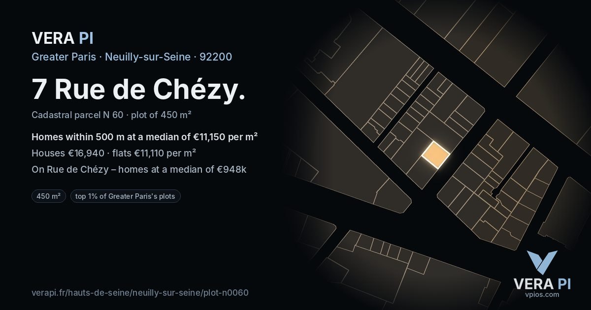 7 Rue de Chézy, Neuilly-sur-Seine at night – the plot lit, the parcels around coloured by the prices near them