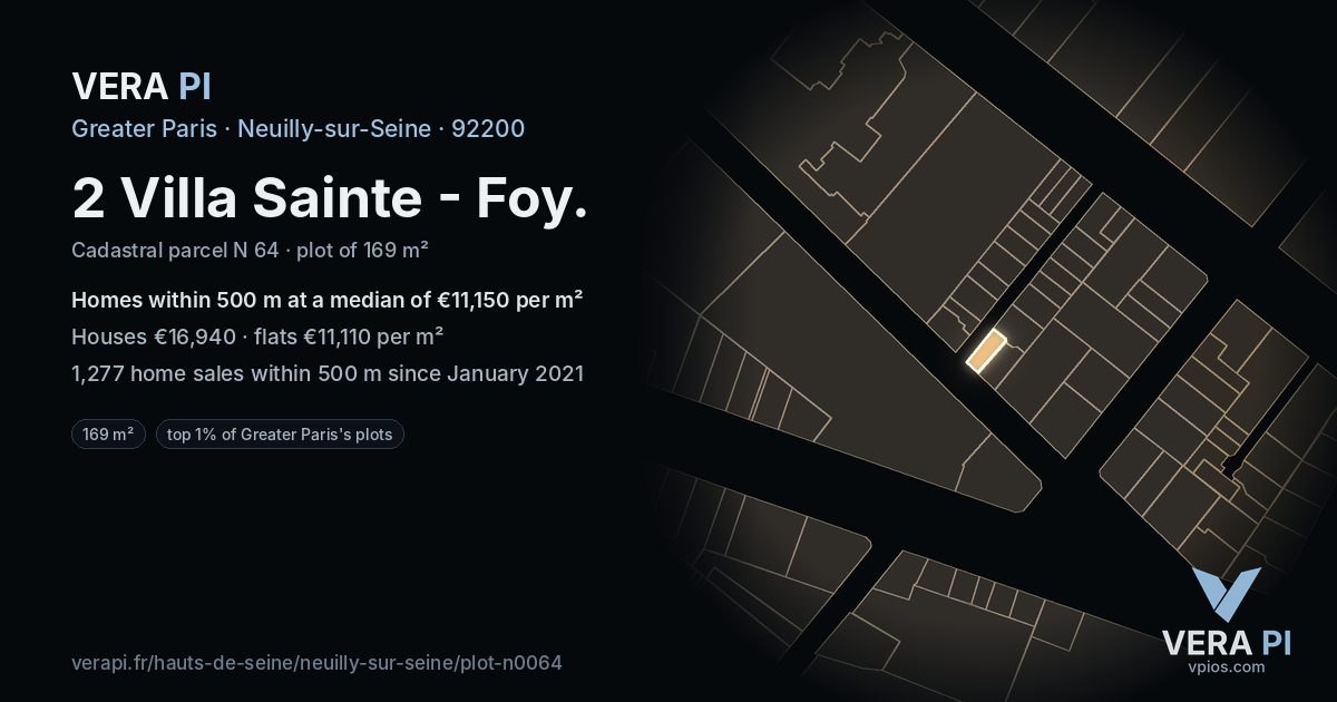 2 Villa Sainte - Foy, Neuilly-sur-Seine at night – the plot lit, the parcels around coloured by the prices near them