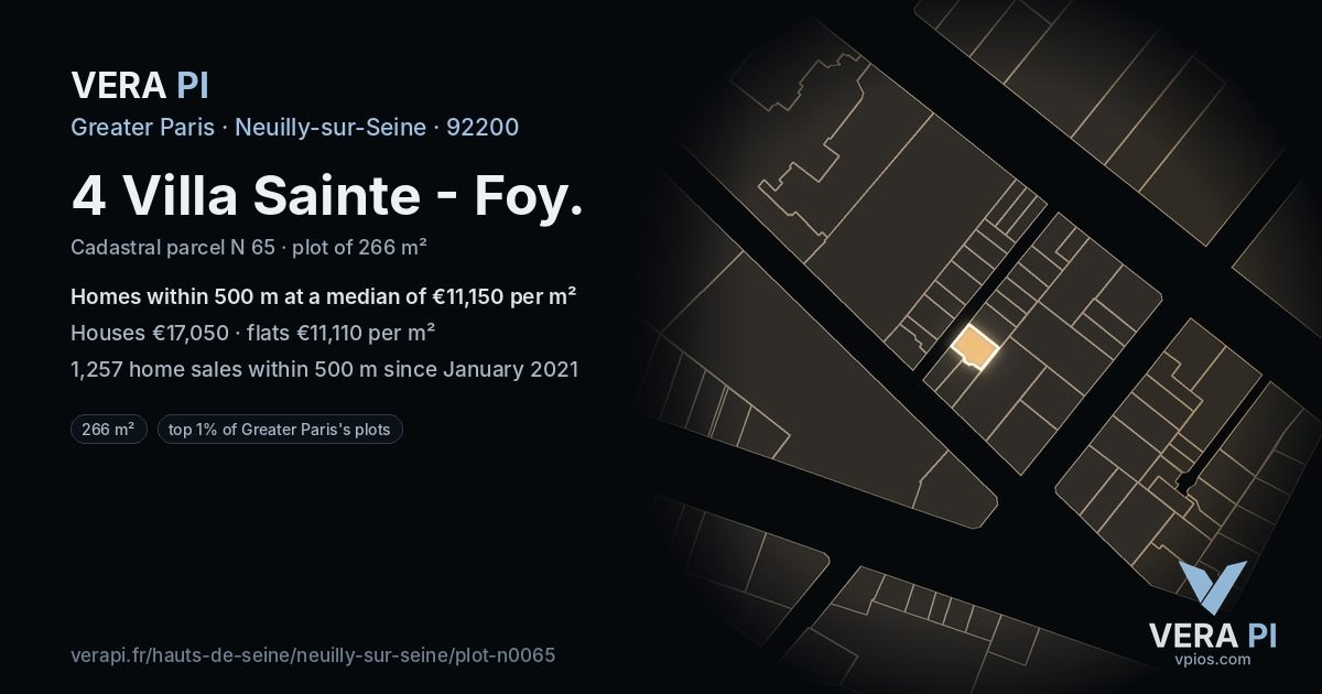 4 Villa Sainte - Foy, Neuilly-sur-Seine at night – the plot lit, the parcels around coloured by the prices near them