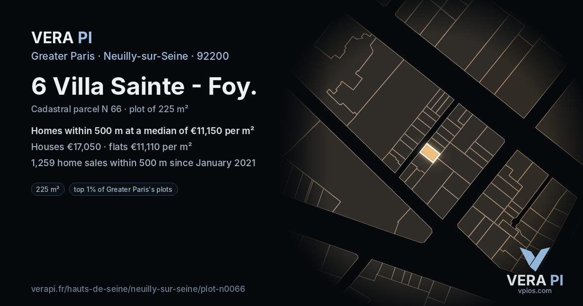 6 Villa Sainte - Foy, Neuilly-sur-Seine at night – the plot lit, the parcels around coloured by the prices near them