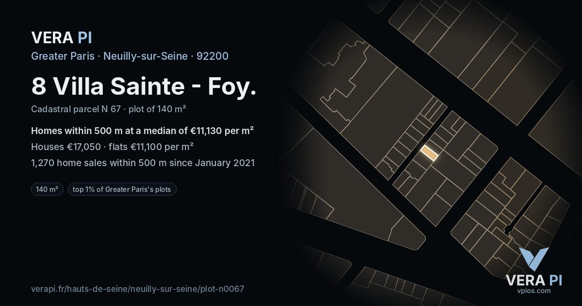 8 Villa Sainte - Foy, Neuilly-sur-Seine at night – the plot lit, the parcels around coloured by the prices near them
