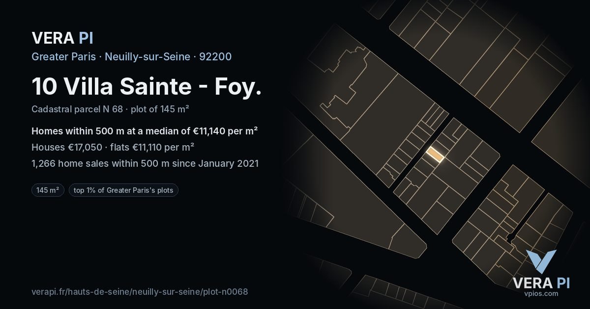 10 Villa Sainte - Foy, Neuilly-sur-Seine at night – the plot lit, the parcels around coloured by the prices near them