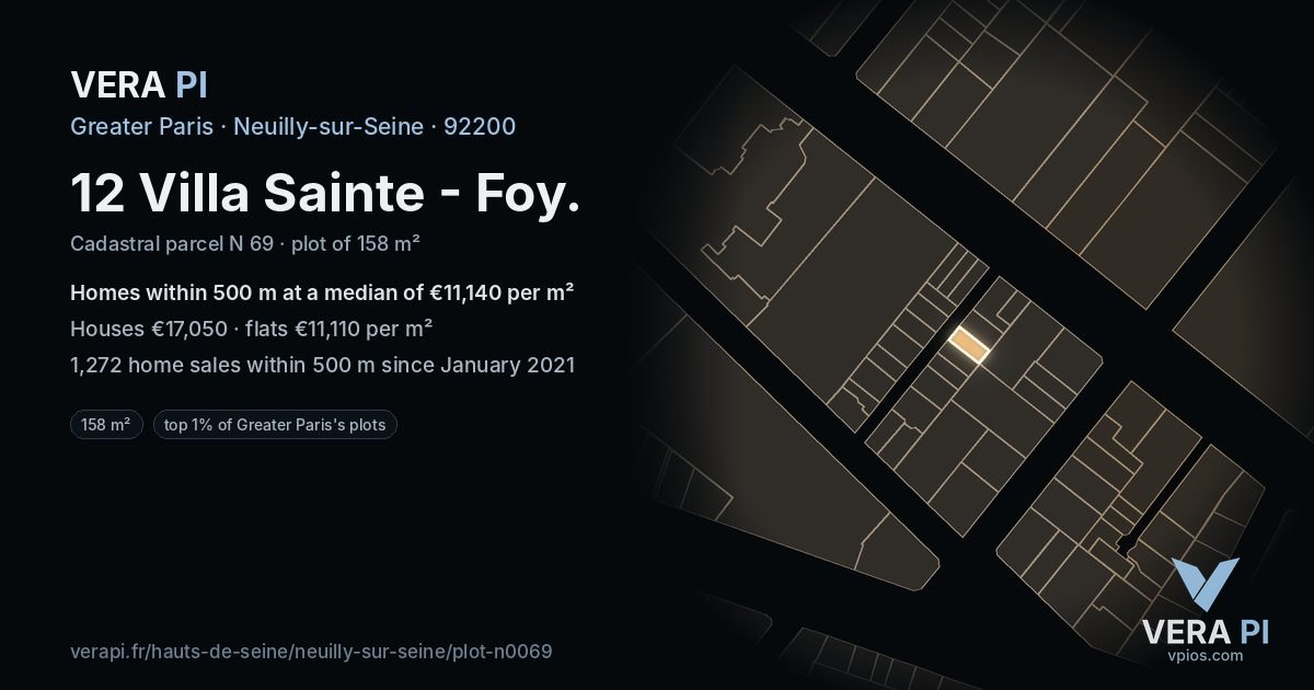 12 Villa Sainte - Foy, Neuilly-sur-Seine at night – the plot lit, the parcels around coloured by the prices near them
